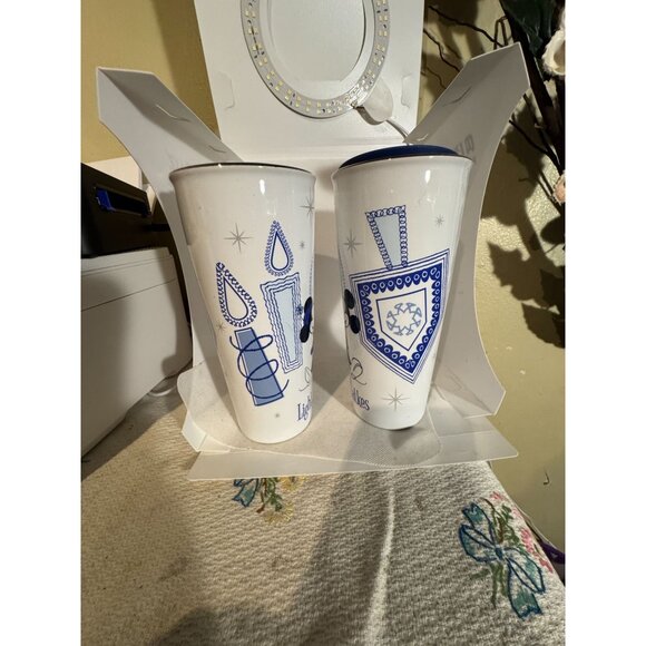 Disney Stoneware Tumblers 14 Oz With Mickey & Minnie Winter Design Blue & White - Picture 9 of 10